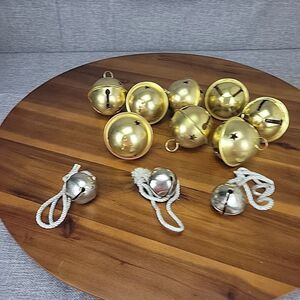 8 Sleigh Bell Ornaments 32”‎ Gold, Brass Tone + 3-1" Siver Bells